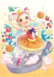 Rule 34 | 1girl, :d, armpits, ballerina, banana, banana slice, black bow, blue ribbon, blueberry, bow, brown eyes, brown hair, bubble skirt, crown, dancing, food, food-themed clothes, frilled skirt, frills, fruit, frying pan, full body, gradient background, highres, morinaga (brand), nanami tomorou, open mouth, orange background, original, pancake, pantyhose, personification, red footwear, ribbon, shoes, short hair, skirt, smile, solo, standing, standing on one leg, steam, strawberry, whipped cream, white background, wings