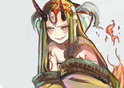 Rule 34 | 1girl, :d, absurdres, blonde hair, breasts, demon girl, dot nose, eyelashes, facing away, fang, fate/grand order, fate (series), forehead, highres, horns, ibaraki douji (fate), isaka wasabi, japanese clothes, kimono, long hair, looking away, looking to the side, markings, no eyebrows, off shoulder, oni, oni horns, open mouth, pointy ears, sidelocks, silver background, simple background, slit pupils, small breasts, smile, solo, straight hair, tattoo, third eye, tsurime, upper body, white background, yellow eyes, yellow kimono