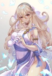 Rule 34 | 1girl, absurdres, blonde hair, breasts, bug, butterfly, cleavage, corrin (female) (fire emblem), corrin (fire emblem), dress, fire emblem, fire emblem fates, gloves, hair between eyes, hair ornament, hairband, highres, insect, jewelry, karashino, long hair, looking at viewer, nintendo, official alternate costume, pointy ears, red eyes, simple background, single-shoulder dress, single glove, smile, solo, white dress