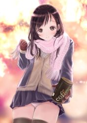 Rule 34 | 1girl, aran sweater, bad id, bad pixiv id, black hair, black skirt, black thighhighs, blush, brown gloves, cable knit, can, closed mouth, commentary, gift, gloves, highres, holding, holding can, incoming gift, long sleeves, looking at viewer, microskirt, original, panties, pink scarf, pleated skirt, scarf, shinku akih, skirt, smile, standing, sweater, thighhighs, underwear, white panties, winter clothes, zettai ryouiki