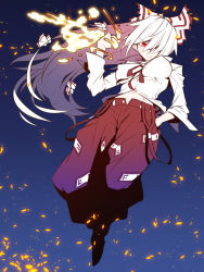 Rule 34 | 1girl, baggy pants, bow, breasts, collared shirt, commentary request, fire, fujiwara no mokou, hair bow, hair over one eye, hair ribbon, hand in pocket, highres, jin (mugenjin), long hair, long sleeves, looking at viewer, looking down, midriff, night, night sky, ofuda, pants, red eyes, red pants, ribbon, shirt, sky, solo, sparks, suspenders, suspenders hanging, touhou, very long hair, white hair, white shirt
