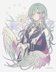 Rule 34 | 1boy, bad id, bad pixiv id, blue hair, character request, check character, cropped torso, cross, ensemble stars!, feathered wings, flower, gloves, hair between eyes, hibiki wataru, highres, jacket, long hair, long sleeves, looking at viewer, male focus, meremero, open mouth, own hands together, purple eyes, solo, star (symbol), upper body, white flower, white gloves, white jacket, white lily, white wings, wings