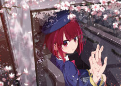 Rule 34 | 1girl, absurdres, arima kana, beret, black bow, blackwhite wind, blue hat, blue jacket, blush, bow, bus, cherry blossoms, collared shirt, commentary request, grey skirt, hand on glass, hat, highres, jacket, long sleeves, motor vehicle, oshi no ko, parted lips, pink bow, red eyes, red hair, school uniform, shirt, short hair, skirt, solo, white shirt