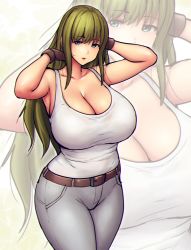 Rule 34 | 1girl, armpits, arms up, bare shoulders, belt, blue eyes, breasts, brown belt, brown gloves, brown hair, cleavage, commentary, cowboy shot, curvy, english commentary, erkaz, gloves, grey pants, highres, huge breasts, long hair, looking at viewer, original, pants, solo, standing, tank top, white background, white tank top, wide hips
