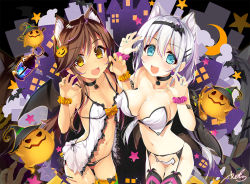 Rule 34 | 2girls, :d, animal ears, armband, babydoll, bat wings, black choker, black panties, blue eyes, blue nails, breasts, brown hair, c-string, cat ears, choker, claw pose, cleavage, collarbone, commentary, covered erect nipples, crescent moon, extra ears, garter belt, hair between eyes, hair ornament, hairclip, halloween, jack-o&#039;-lantern, jack-o&#039;-lantern hair ornament, lantern, large breasts, looking at viewer, moon, multiple girls, nail polish, navel, open mouth, original, panties, pink scrunchie, scrunchie, signature, silver hair, small breasts, smile, star (symbol), strapless bottom, underwear, wings, wrist scrunchie, yanagi yuu, yellow eyes, yellow nails, yellow scrunchie, zoom layer