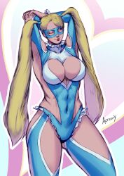 Rule 34 | 1girl, abs, alterity, armpits, arms up, blonde hair, blue eyes, breasts, capcom, cleavage, cleavage cutout, clothing cutout, covered navel, elbow cutout, frilled leotard, frills, heart, heart background, highres, hip vent, large breasts, leotard, long hair, mask, muscular, muscular female, one eye closed, rainbow mika, shoulder cutout, skin tight, street fighter, street fighter v, street fighter zero (series), thigh cutout, toned, twintails, wrestling mask, wrestling outfit