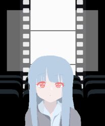 Rule 34 | ++ (9oafxjjhuktkdef), 1girl, alternate costume, alternate hairstyle, animated, animated gif, blue hair, chair, collared shirt, crying, crying with eyes open, film reel, grey jacket, highres, jacket, kotonoha aoi, limited palette, looking at viewer, looping animation, movie theater, open clothes, open jacket, pixel art, portrait, raised eyebrow, red eyes, shirt, solo, tears, voiceroid, white shirt