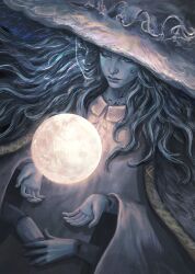 Rule 34 | 1girl, absurdres, blue eyes, blue hair, blue lips, blue skin, cateille, cloak, colored skin, dress, elden ring, extra arms, hat, highres, large hat, long hair, moon, object floating above hand, one eye closed, open cloak, open clothes, ranni the witch, solo, spirit, upper body, white dress, wide sleeves, witch hat