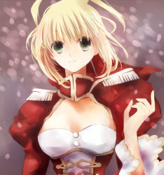 Rule 34 | 10s, 1girl, ahoge, bad id, bad pixiv id, blonde hair, breasts, cleavage, epaulettes, fate/extra, fate/stay night, fate (series), female focus, gradient background, green eyes, hair ribbon, nero claudius (fate), nero claudius (fate) (all), nero claudius (fate/extra), oluha, ribbon, solo, upper body