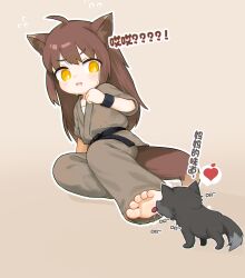 Rule 34 | 1girl, absurdres, ahoge, animal ears, barefoot, belt, black belt, black fur, bright pupils, brown hair, chinese text, commentary request, dougi, feet, flying sweatdrops, fox ears, fox girl, grey pants, heart, highres, kuma-bound, licking, licking foot, long hair, martial arts belt, open mouth, original, pants, saliva, soles, tail, toes, translation request, v-shaped eyebrows, white pupils, wolf, yellow eyes
