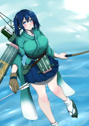 Rule 34 | 10s, 1girl, arrow (projectile), blue eyes, blue hair, blue skirt, blush, bow (weapon), breasts, brown gloves, flight deck, gggg, gloves, hair ribbon, highres, holding, holding weapon, japanese clothes, kantai collection, kimono, large breasts, machinery, matching hair/eyes, partially fingerless gloves, pleated skirt, quiver, ribbon, single glove, skirt, smile, socks, solo, souryuu (kancolle), twintails, water, weapon, white socks, wide sleeves