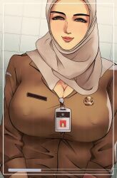 1girl binaru breasts brown_eyes brown_jacket grey_hijab highres hijab id_card jacket large_breasts looking_at_viewer muslim original solo upper_body