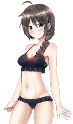 Rule 34 | 10s, 1girl, ahoge, alternate costume, arms at sides, bare arms, bare shoulders, baretto (karasi07), bikini, black bikini, blue eyes, blush, body blush, bow, braid, breasts, brown hair, cleavage, closed mouth, collarbone, commentary, cowboy shot, gluteal fold, hair bow, hair flaps, hair over shoulder, highres, kantai collection, long hair, medium breasts, navel, red bow, shigure (kancolle), shigure kai ni (kancolle), simple background, single braid, sketch, smile, solo, standing, stomach, swimsuit, tareme, thighs, white background