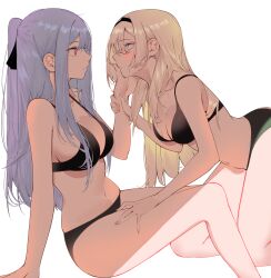 Rule 34 | 2girls, absurdres, ak-12 (girls&#039; frontline), an-94 (girls&#039; frontline), anvil, black bra, black panties, blonde hair, blue eyes, blush, bra, breasts, closed mouth, eye contact, girls&#039; frontline, grey hair, hair ribbon, half updo, hand on another&#039;s face, hand on another&#039;s thigh, highres, holding another&#039;s wrist, large breasts, long hair, looking at another, medium breasts, multiple girls, panties, pink eyes, ribbon, simple background, sitting, talnory, underwear, underwear only, white background, yuri
