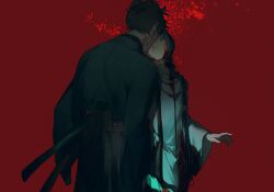 1boy 1other aizendai androgynous black_hair black_hakama blood blood_on_face blood_splatter blue_kimono braid dark fate/samurai_remnant fate_(series) hakama highres japanese_clothes jewelry katana kimono miyamoto_iori_(fate) necklace red_background red_theme sheath simple_background single_braid standing sword topknot weapon yamato_takeru_(fate)