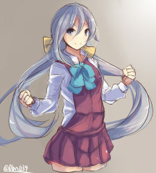 Rule 34 | &gt;:), 10s, 1girl, bow, bowtie, cropped legs, grey background, grey eyes, grey hair, hair ribbon, highres, kantai collection, kiyoshimo (kancolle), low twintails, no legwear, plan (planhaplalan), pleated skirt, ribbon, school uniform, sketch, skirt, twintails, twitter username, v-shaped eyebrows