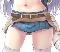 Rule 34 | 1girl, arm behind back, bad id, bad twitter id, belt, black gloves, blue skirt, brown belt, close-up, gloves, legs apart, long hair, miniskirt, navel, princess connect!, rikatan, shiori (princess connect!), simple background, skirt, solo, tail, thighhighs, thighs, tiger tail, very long hair, white background, white thighhighs, zettai ryouiki