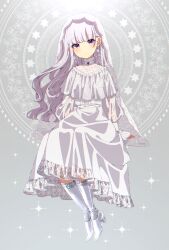 Rule 34 | 1girl, arm at side, blush, boots, closed mouth, dress, earrings, full body, glass slipper, head tilt, high heels, highres, jewelry, long hair, long sleeves, looking at viewer, mamyouda, original, puffy long sleeves, puffy sleeves, purple eyes, purple hair, signature, solo, sparkle, star (symbol), veil, white dress