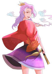 Rule 34 | 1girl, absurdres, back, folded fan, folding fan, from behind, hand fan, highres, holding, holding fan, holding smoking pipe, japanese clothes, kimono, kiseru, komakusa sannyo, liyunfeng96, long hair, long sleeves, looking back, open mouth, purple hair, red eyes, red kimono, red robe, ribbon, robe, smile, smoke, smoking pipe, solo, standing, tobacco, touhou, wide sleeves, yellow ribbon