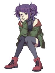 Rule 34 | 1girl, black shirt, black thighhighs, boots, breasts, closed mouth, coat, earrings, frown, full body, green coat, green jacket, hand on own cheek, hand on own face, highres, hoop earrings, idolmaster, idolmaster shiny colors, invisible chair, jacket, jewelry, jichi, off shoulder, purple eyes, purple hair, purple shorts, red footwear, shirt, shorts, sidelocks, sitting, small breasts, solo, tanaka mamimi, thighhighs, white background
