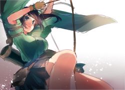 Rule 34 | 10s, 1girl, arrow (projectile), blue eyes, blue hair, bow (weapon), breasts, drawing bow, female focus, gloves, headband, holding, holding bow (weapon), holding weapon, japanese clothes, kantai collection, large breasts, long hair, matching hair/eyes, miwano rag, partially fingerless gloves, partly fingerless gloves, quiver, skirt, solo, souryuu (kancolle), twintails, weapon, yugake