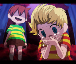 Rule 34 | 2boys, blonde hair, blue eyes, bush, claus (mother 3), covering face, covering own mouth, covering privates, crying, crying with eyes open, dark, forest, hidden eyes, komeichou-69, letterboxed, lucas (mother 3), male focus, mother (game), mother 3, multiple boys, nature, nintendo, open mouth, quiff, red hair, shaded face, shirt, shorts, siblings, smile, striped clothes, striped shirt, tears, twins