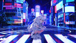 Rule 34 | 1girl, absurdres, black socks, blue theme, bow, chromatic aberration, city, closed mouth, commentary request, crosswalk, full body, hair bow, highres, hood, hood down, hoodie, long hair, long sleeves, looking at viewer, official art, outdoors, pedestrian lights, pink eyes, qualia qu, re:act, ritao kamo, shibuya (tokyo), shibuya 109, shoes, skirt, sneakers, socks, solo, squatting, tokyo (city), tree, virtual youtuber, white bow, white footwear, white hair, white hoodie, white skirt