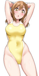 Rule 34 | 1girl, :o, armpits, arms up, blush, breasts, brown hair, collarbone, commentary, competition swimsuit, gluteal fold, hair between eyes, highleg, highleg swimsuit, highres, kunikida hanamaru, long hair, looking at viewer, love live!, love live! sunshine!!, medium breasts, one-piece swimsuit, open mouth, simple background, solo, sweat, swimsuit, two-tone swimsuit, white background, wide-eyed, yellow eyes, yopparai oni