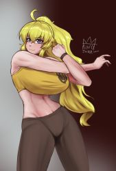 Rule 34 | 1girl, ahoge, bare shoulders, blonde hair, breasts, closed mouth, highres, huge breasts, kingjnar, large breasts, long hair, looking at viewer, midriff, muscular, navel, pants, purple eyes, rwby, shirt, simple background, smirk, tank top, thick thighs, thighs, tight clothes, tight pants, wristband, yang xiao long, yellow shirt, yoga pants