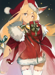 Rule 34 | 1girl, absurdres, animal ears, arm at side, bare shoulders, bell, blonde hair, blue eyes, blush, breasts, cat ears, choker, christmas, christmas ornaments, coat, dress, elbow gloves, fingerless gloves, fur-trimmed coat, fur-trimmed dress, fur-trimmed headwear, fur trim, g41 (girls&#039; frontline), gift, girls&#039; frontline, gloves, hair between eyes, hat, heterochromia, highres, holding, holding gift, koog, long hair, looking at viewer, merry christmas, neck bell, open mouth, red dress, red eyes, red gloves, ribbon, ribbon-trimmed legwear, ribbon trim, santa costume, santa hat, short dress, simple background, small breasts, solo, sparkle, thighhighs, twintails, very long hair, white thighhighs