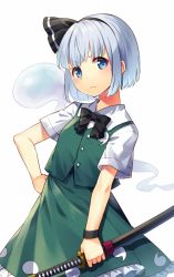 Rule 34 | 1girl, black bow, black bowtie, black hairband, black ribbon, blue eyes, blush, bow, bowtie, breasts, buttons, closed mouth, collared shirt, commentary request, frills, ghost, ghost print, green skirt, green vest, grey hair, hairband, hand on own hip, hitodama, hitodama print, kapuchii, katana, konpaku youmu, konpaku youmu (ghost), looking at viewer, medium breasts, ribbon, shirt, short hair, short sleeves, simple background, skirt, solo, standing, sword, touhou, v-shaped eyebrows, vest, weapon, white background, white shirt, wristband