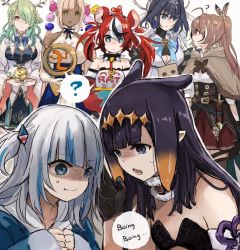 Rule 34 | 6+girls, ?, animal ears, antlers, bare shoulders, black hair, blonde hair, blue eyes, blue hair, blunt bangs, blush, breast envy, breasts, brown eyes, brown hair, ceres fauna, ceres fauna (1st costume), cleavage, cleavage cutout, clothing cutout, dark-skinned female, dark skin, feathers, flat chest, gawr gura, gawr gura (1st costume), green hair, hair intakes, hair ornament, hakos baelz, hakos baelz (1st costume), holocouncil, hololive, hololive english, horns, large breasts, long hair, looking at another, medium breasts, medium hair, mouse ears, multicolored hair, multiple girls, nanashi mumei, nanashi mumei (1st costume), ninomae ina&#039;nis, ninomae ina&#039;nis (1st costume), open mouth, ouro kronii, ouro kronii (1st costume), pointy ears, purple hair, red hair, shaded face, short hair, simple background, streaked hair, tentacle hair, tsukumo sana, tsukumo sana (1st costume), twintails, two side up, very long hair, virtual youtuber, white background, yatagarasu (tsukumo sana), yellow eyes, yuuyu (777)