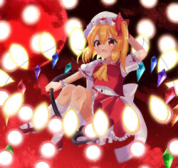 Rule 34 | 1girl, absurdres, ascot, back bow, blonde hair, bow, breasts, collared shirt, danmaku, fang, flandre scarlet, frilled skirt, frilled sleeves, frills, full body, full moon, gradient background, hair between eyes, hat, hat ribbon, highres, holding, holding polearm, holding weapon, huge bow, iris (airisu495), laevatein (touhou), large bow, looking at viewer, mary janes, medium hair, mob cap, moon, multicolored wings, one side up, open mouth, polearm, puffy short sleeves, puffy sleeves, red background, red footwear, red moon, red ribbon, red skirt, ribbon, ribbon-trimmed headwear, ribbon trim, shirt, shoes, short sleeves, skin fang, skirt, skirt set, sleeve ribbon, small breasts, socks, solo, spell card, touhou, weapon, white bow, white hat, white shirt, white socks, wings, yellow ascot