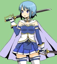 Rule 34 | 10s, 1girl, bad id, bad pixiv id, belt, blue eyes, blue hair, buckle, cape, detached sleeves, eichikei (raiexcat), gloves, green background, magical girl, mahou shoujo madoka magica, mahou shoujo madoka magica (anime), matching hair/eyes, miki sayaka, miniskirt, pleated skirt, short hair, simple background, skirt, solo, sword, thighhighs, weapon
