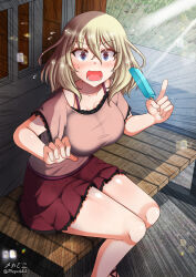 Rule 34 | 1girl, blonde hair, blush, breasts, food, girls und panzer, highres, large breasts, looking at viewer, megadeko, open mouth, oshida (girls und panzer), outdoors, popsicle, red skirt, short hair, skirt, solo