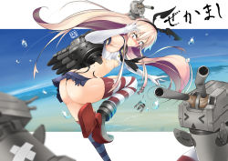 Rule 34 | &gt; &lt;, 10s, 1girl, accidental exposure, ass, black panties, blonde hair, butt crack, character name, closed eyes, elbow gloves, frown, gloves, hairband, harumiya (acquetta1101), harumiya hiro, highres, kantai collection, long hair, ocean, panties, rensouhou-chan, shimakaze (kancolle), signature, skirt, sky, solo, striped clothes, striped thighhighs, thighhighs, torn clothes, torn skirt, triangle mouth, underwear, wardrobe malfunction, white gloves