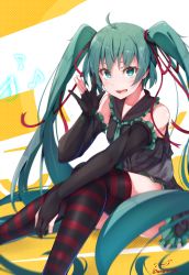 Rule 34 | 1girl, absurdres, ahoge, baileys (tranquillity650), black gloves, black shirt, elbow gloves, fingerless gloves, gloves, green eyes, green hair, hair ribbon, hatsune miku, highres, long hair, looking at viewer, musical note, open mouth, ribbon, shirt, skirt, sleeveless, sleeveless shirt, solo, striped clothes, striped thighhighs, thighhighs, twintails, twitter username, very long hair, vocaloid