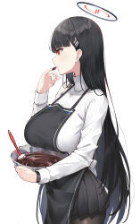 Rule 34 | 1girl, absurdres, apron, black hair, black pantyhose, blue archive, bowl, breasts, chocolate, hair ornament, hairclip, halo, highres, hime cut, large breasts, long hair, mono (mo n mno), pantyhose, pleated skirt, red eyes, rio (blue archive), simple background, skirt, solo, spatula, sweater, turtleneck, turtleneck sweater, watch, white background, wristwatch