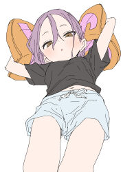 Rule 34 | 1girl, absurdres, arms up, black shirt, blue shorts, blush, brown eyes, commentary request, forehead, hair between eyes, highres, looking at viewer, lying, navel, official art, on back, parted bangs, parted lips, purple hair, shirt, short shorts, short sleeves, shorts, simple background, solo, soredemo ayumu wa yosetekuru, white background, yamamoto souichirou, yaotome urushi, yes, yes-no pillow