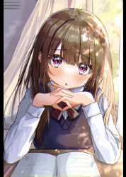 Rule 34 | 1girl, :o, amefukura art, bad id, bad pixiv id, blush, book, bow, bowtie, breasts, brown hair, commentary request, curtains, dappled sunlight, day, diagonal stripes, furrowed brow, hair between eyes, hands up, head tilt, highres, indoors, interlocked fingers, lens flare, long hair, looking at viewer, medium breasts, open book, open mouth, original, pillarboxed, purple eyes, shirt, solo, striped bow, striped bowtie, striped clothes, striped neckwear, sunlight, table, uniform, vest, white shirt