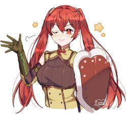 Rule 34 | 1girl, ;), armor, artist name, closed mouth, commentary, commission, detached sleeves, english commentary, fire emblem, fire emblem awakening, gloves, green gloves, hair between eyes, highres, long hair, long sleeves, looking at viewer, nintendo, one eye closed, pomme (lazzledazzle), red eyes, red hair, severa (fire emblem), shoulder armor, simple background, sleeveless, smile, solo, star (symbol), twintails, upper body, very long hair, waving, white background