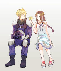 Rule 34 | 1boy, 1girl, absurdres, aerith gainsborough, armor, black footwear, blonde hair, boots, braid, cloud strife, commentary request, crisis core final fantasy vii, demi co, dress, final fantasy, final fantasy vii, flower, forehead, green eyes, helmet, highres, holding, holding flower, holding helmet, invisible chair, long hair, long sleeves, looking at another, pauldrons, sandals, short hair, shoulder armor, simple background, sitting, sleeveless, sleeveless dress, spiked hair, toes, unworn headwear, unworn helmet, white background, white dress, yellow flower