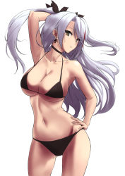 Rule 34 | 1girl, alternate costume, arm behind head, armpits, azur lane, bikini, black bikini, black ribbon, breasts, brown eyes, choker, cleavage, collarbone, commentary, cowboy shot, cross, cross earrings, din (raiden), earrings, floating hair, groin, hair between eyes, hair ribbon, hand on own hip, jewelry, large breasts, long hair, looking at viewer, multicolored hair, navel, parted lips, prinz eugen (azur lane), red hair, ribbon, sidelocks, silver hair, simple background, skindentation, smile, solo, stomach, streaked hair, swept bangs, swimsuit, thighs, two side up, very long hair, white background