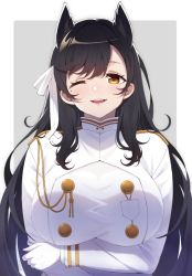 Rule 34 | 1girl, animal ears, atago (azur lane), azur lane, black hair, blush, breast hold, breasts, buttons, commentary, crossed arms, double-breasted, eyelashes, gloves, grey background, hair between eyes, hair ribbon, large breasts, lips, long hair, long sleeves, looking at viewer, military, military uniform, mole, mole under eye, mon0351, one eye closed, open mouth, parted bangs, ribbon, shirt, simple background, smile, solo, swept bangs, uniform, upper body, white background, white gloves, white ribbon, white shirt, yellow eyes