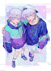 Rule 34 | 2boys, absurdres, arm around shoulder, arm around waist, bishounen, blue eyes, brothers, chain, chain necklace, collar, collarbone, colored inner hair, cozmez (paradox live), earrings, from above, full body, gradient hair, hair between eyes, hat, highres, jewelry, looking at viewer, male focus, multicolored hair, multiple boys, necklace, off shoulder, pants, paradox live, pastel colors, purple hair, sei ( mo1008), shoes, short hair, shorts, siblings, simple background, sneakers, standing, tongue, tongue out, white collar, white pants, white shorts, yatonokami kanata, yatonokami nayuta