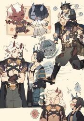 Rule 34 | !, 2boys, ?, arataki itto, armor, black hair, blue eyes, body markings, bracelet, chibi, collage, facial mark, genshin impact, gloves, hair intakes, height difference, highres, horns, japanese armor, japanese clothes, jewelry, kackaorz1, long hair, male focus, mixed-language text, multiple boys, muscular, oni, oni horns, open mouth, pants, red eyes, short hair, simple background, smile, spiked bracelet, spikes, spoken exclamation mark, spoken question mark, takuya (genshin impact), thought bubble, toned, toned male, vision (genshin impact), white hair