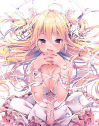 Rule 34 | 1girl, ahoge, backlighting, blonde hair, blush, breasts, cleavage, commentary request, covered mouth, dress, feathered wings, fingernails, hair between eyes, hands up, head wings, klasse14, large breasts, long hair, looking at viewer, nail polish, nemuri nemu, original, own hands together, red eyes, red nails, ribbon, solo, two side up, very long hair, water drop, white background, white dress, white ribbon, white wings, wings