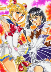Rule 34 | 1990s (style), 2girls, absurdres, bishoujo senshi sailor moon, blue sailor collar, bob cut, bow, brooch, heart, heart brooch, highres, holding, holding polearm, holding spear, holding weapon, jewelry, lips, magical girl, marker (medium), multicolored clothes, multicolored skirt, multiple girls, onono, polearm, purple skirt, red bow, retro artstyle, sailor collar, sailor moon, sailor saturn, sailor senshi, silence glaive, skirt, spear, spiral heart moon rod, staff, super sailor moon, tomoe hotaru, traditional media, tsukino usagi, wand, weapon