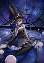 Rule 34 | 1girl, absurdres, amiya (arknights), animal ears, apple, arknights, bare shoulders, black cape, black dress, black hat, black pantyhose, blue apple, blue eyes, blue hat, brown hair, candle, cape, closed mouth, dress, ears through headwear, fingernails, food, frilled dress, frilled hat, frills, fruit, full body, hair between eyes, hair ornament, hand up, hat, highres, holding, holding food, holding fruit, jewelry, light particles, light smile, long hair, looking at viewer, magic, mihaia, night, on floor, pantyhose, rabbit ears, rabbit girl, reflection, reflective floor, ring, solo, strapless, strapless dress, two-sided fabric, two-sided headwear, witch hat