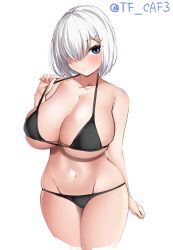 Rule 34 | 1girl, artist name, bikini, black bikini, blue eyes, blush, bob cut, breasts, cleavage, collarbone, cowboy shot, curvy, groin, hair ornament, hair over one eye, hairclip, hamakaze (kancolle), highres, huge breasts, kantai collection, large breasts, looking at viewer, navel, parted lips, shiny skin, short hair, sidelocks, skindentation, solo, standing, swimsuit, tf cafe, thick thighs, thighs, white background, white hair, wide sleeves